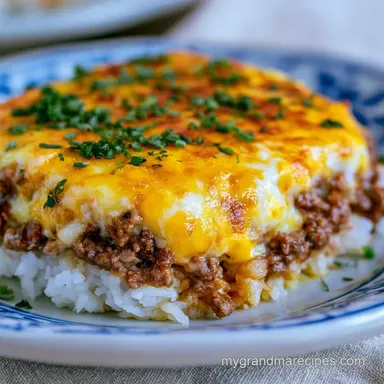 Cheesy Beef Rice Casserole for 6 Recipe Card