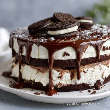 Ice Cream Cake Recipe with Ice Cream Sandwiches and Chocolate Sauce Recipe Card