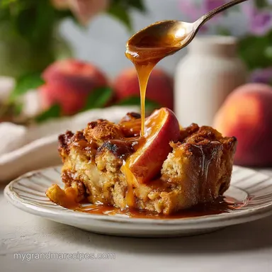 Peach Bread Pudding with Bourbon Glaze Recipe Card