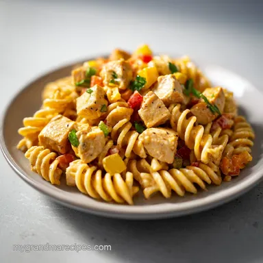 Creamy Spicy Ranch Chicken Pasta Salad Recipe Card