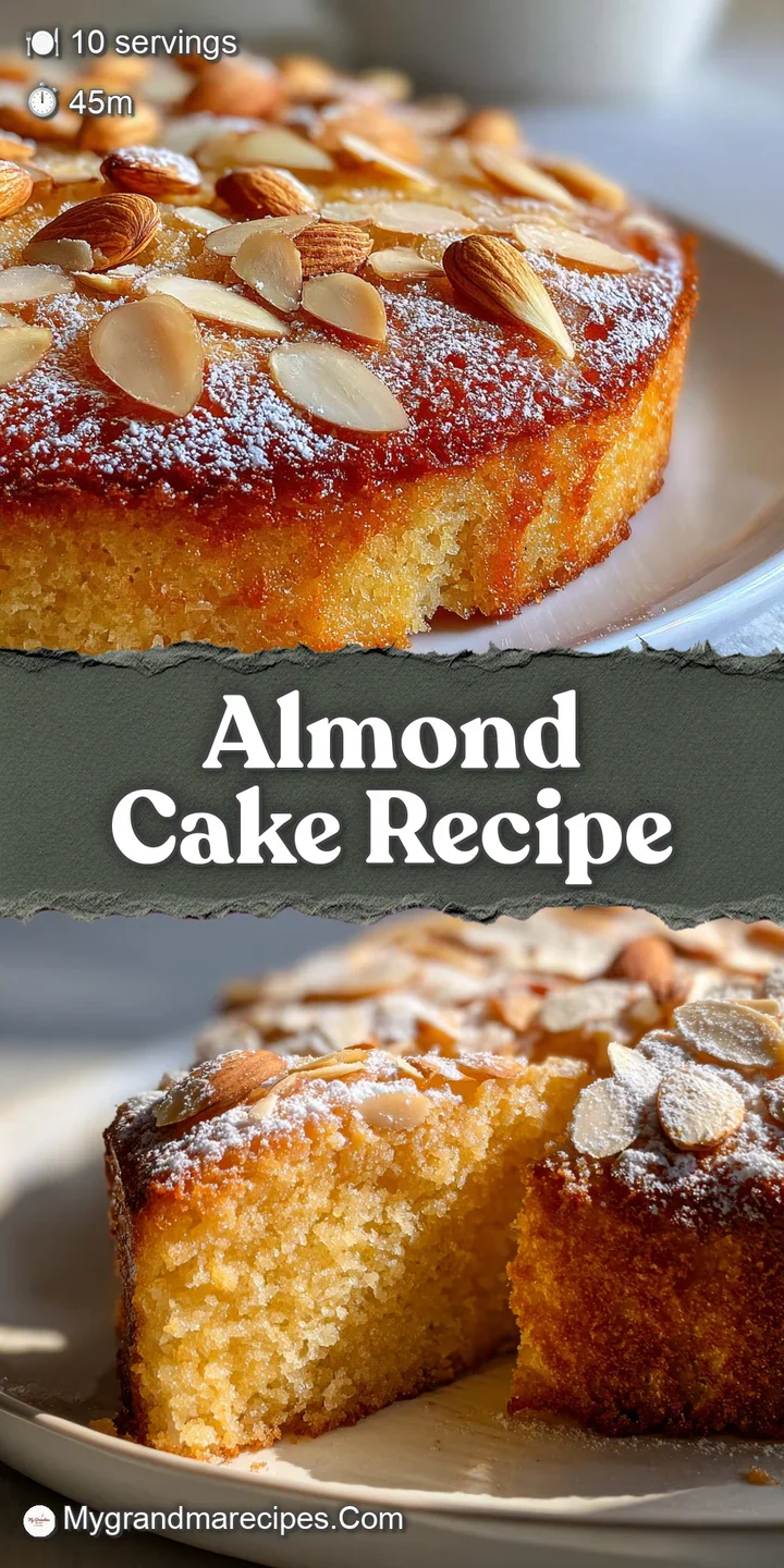 Close-up shows the light, airy crumb of an almond cake, highlighting the golden-brown edges and delicate sweetness.