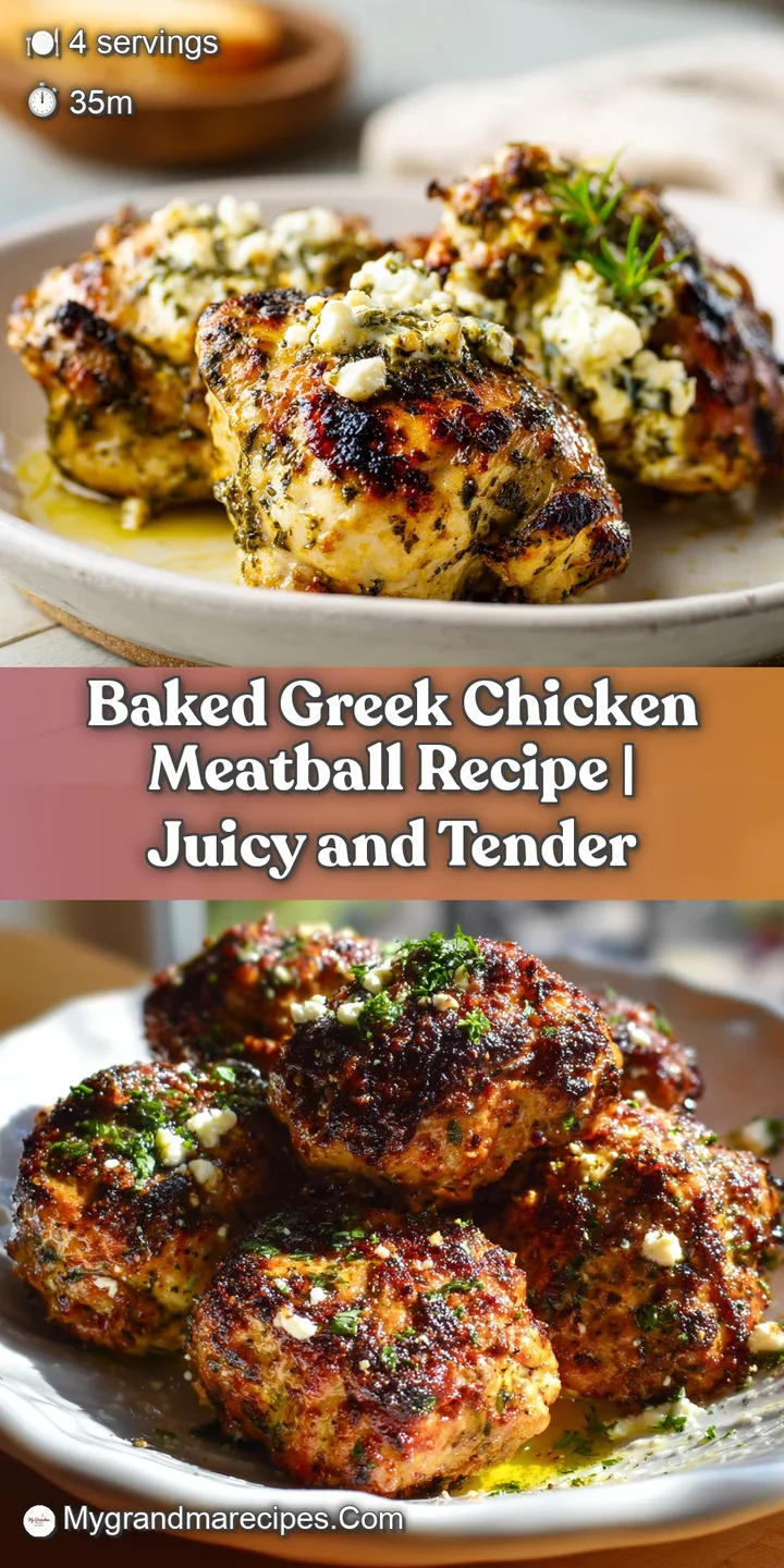 Close-up of a tender, browned Greek chicken meatball, showcasing its moist interior and flecks of herbs and spices.