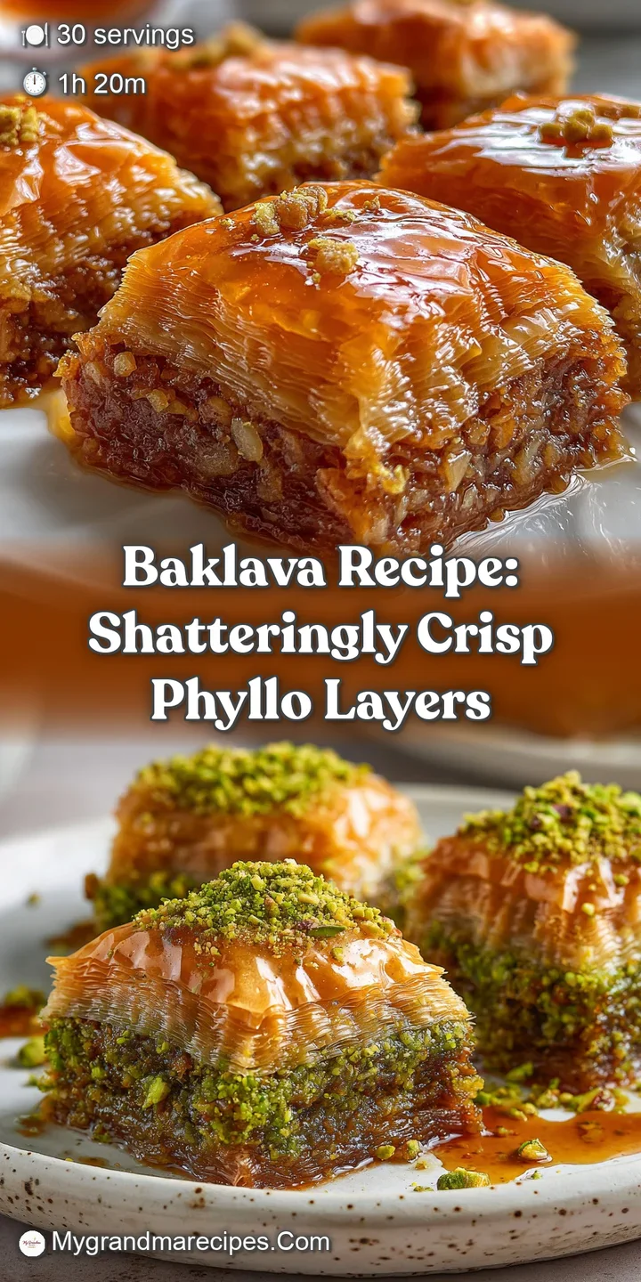 Close-up of baklava. The honeyed, glistening pastry has flaky, crisp layers and chopped nuts peeking through.