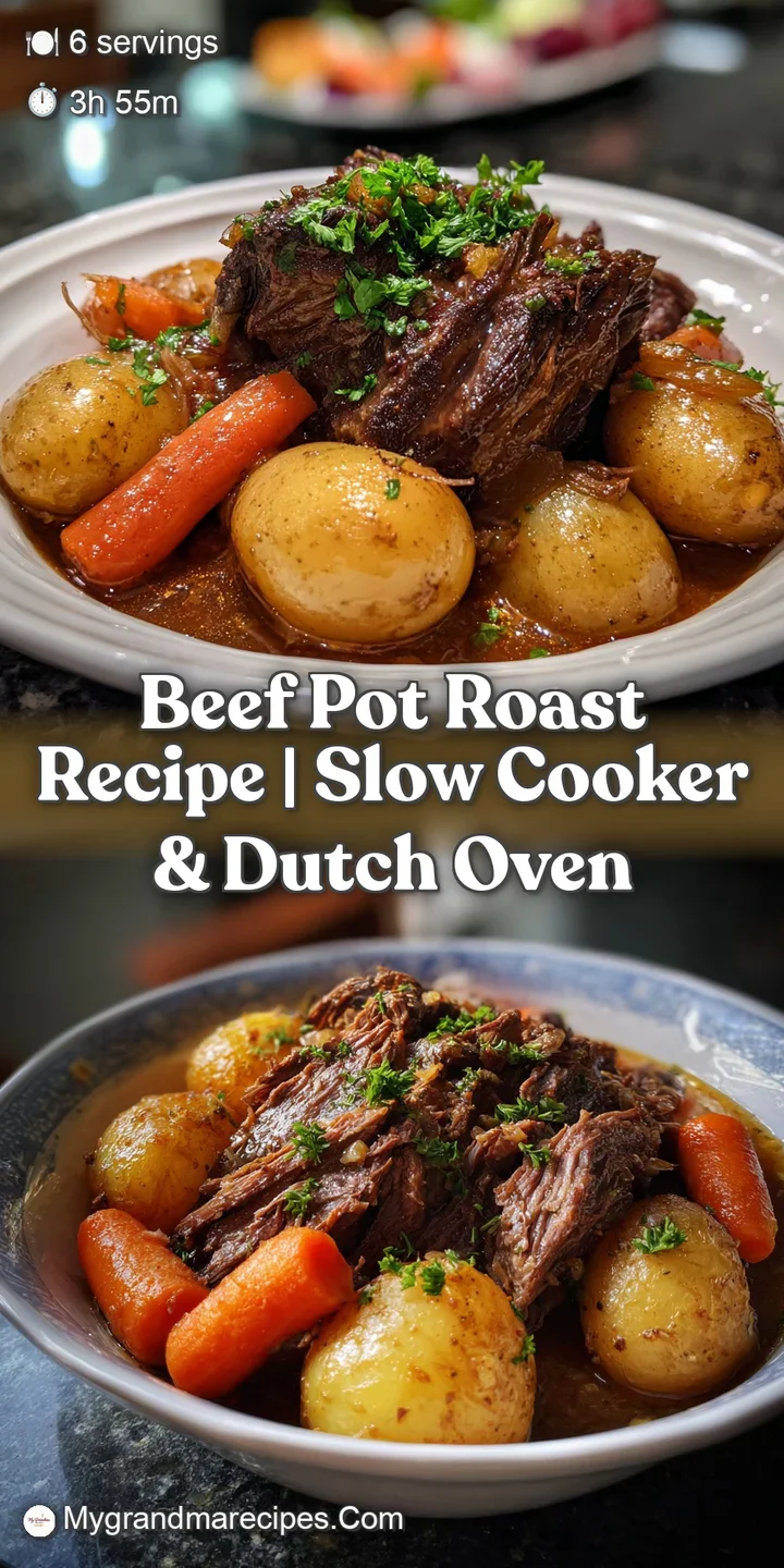 Close-up of succulent beef pot roast, glistening with savory juices, surrounded by tender vegetables, promising a warm, co...