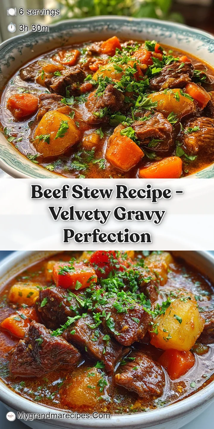 Close-up of glistening, tender beef chunks with soft edges, swimming in a deep, flavorful stew. A comforting, hearty, and ...