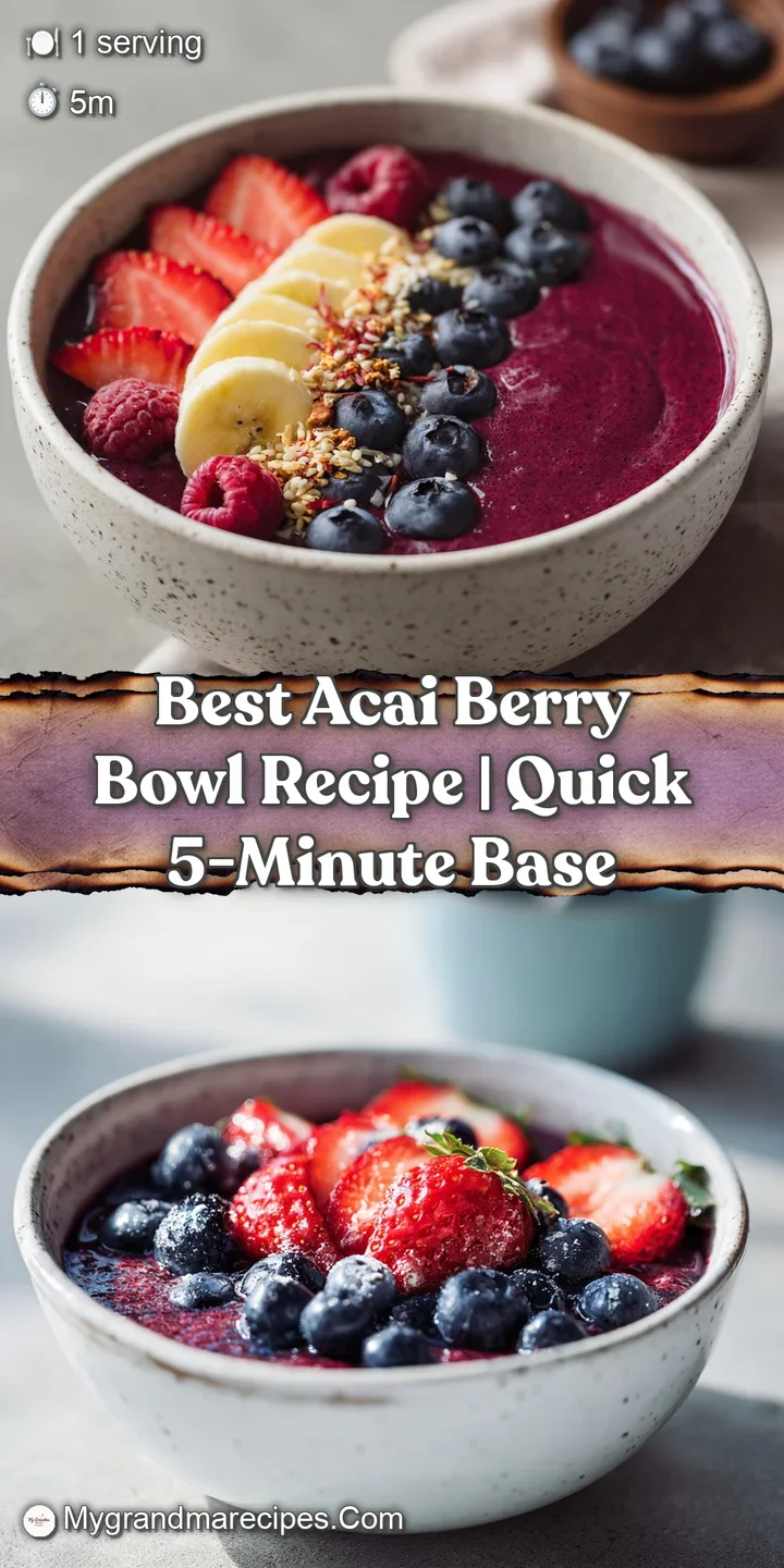 Close-up of a swirling purple acai bowl, showcasing the frosty texture and juicy berries piled high, a light dusting of co...
