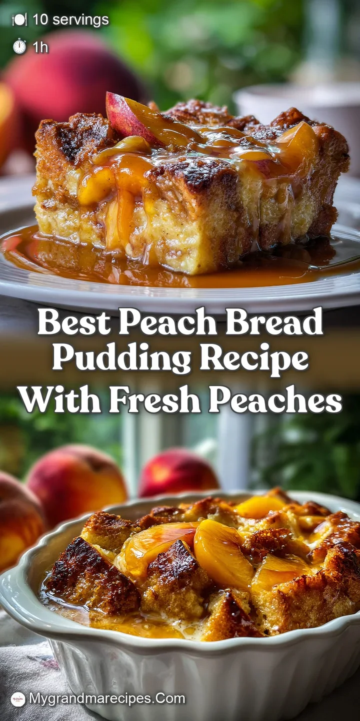 Close-up of a tender bread pudding bite, showing the soft, custardy interior and glistening glaze, with peach slices nearby.