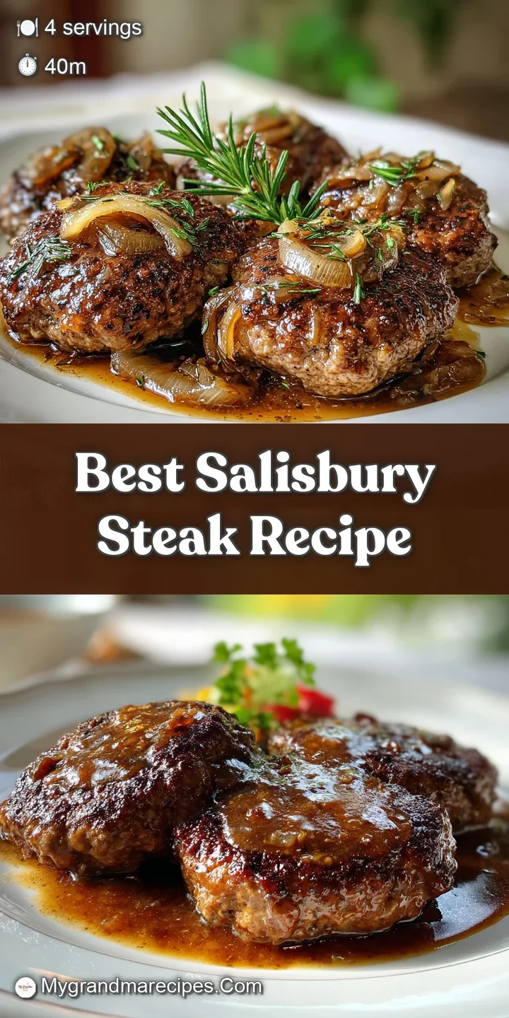 Close-up of a juicy Salisbury steak drenched in flavorful brown gravy, showcasing its browned surface and tender texture; ...
