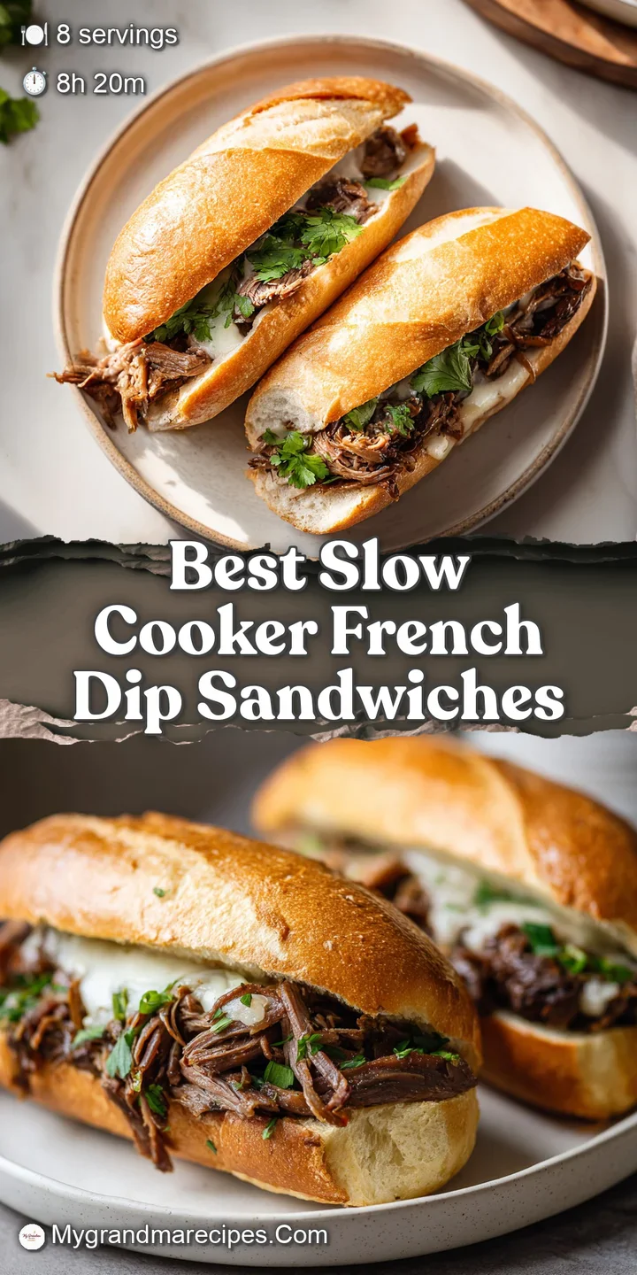 Close-up of a French dip sandwich showcasing juicy shredded beef and a glistening, golden-brown crusty baguette.