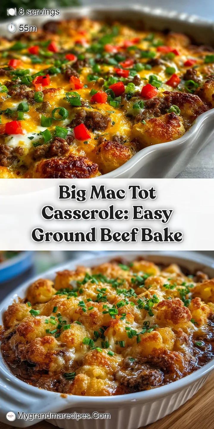 Cheesy close-up reveals the crispy texture of golden tater tots and savory ground beef in a rich, creamy sauce.