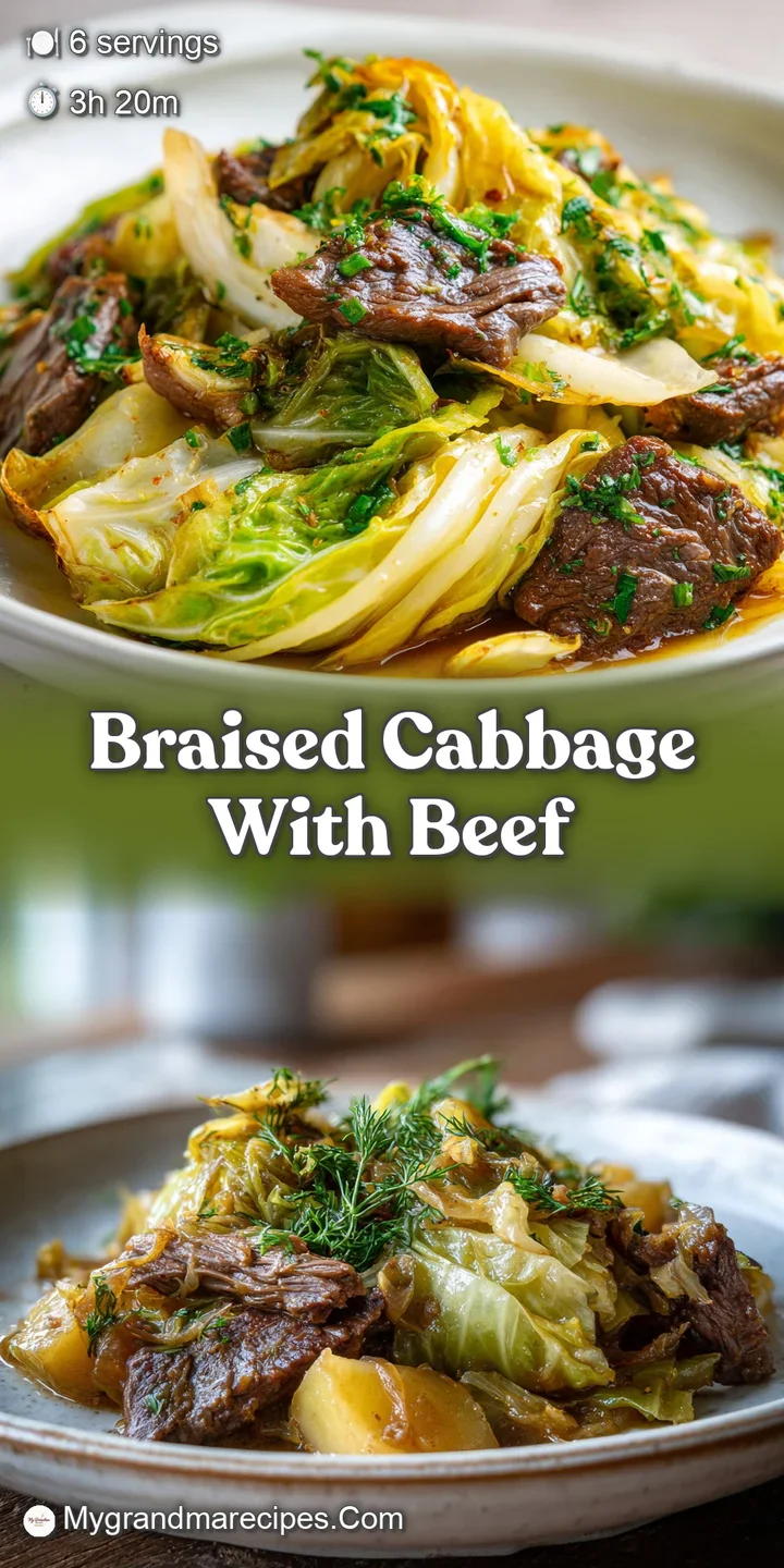 Close-up: Soft, translucent cabbage leaves intertwined with juicy, browned beef. A comforting and flavorful one-pot meal.