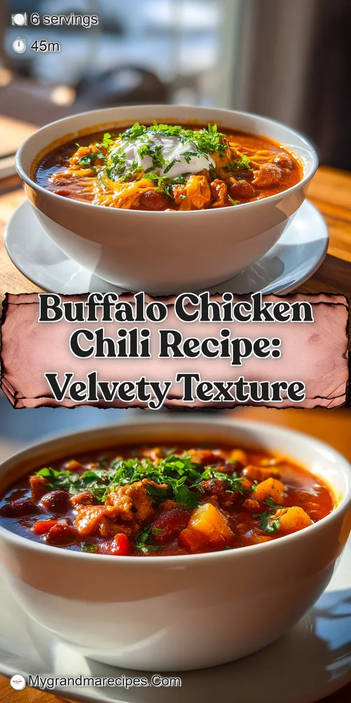 Close-up of steaming buffalo chicken chili. Swirls of melted cheese and juicy chicken chunks create a tempting, spicy image.