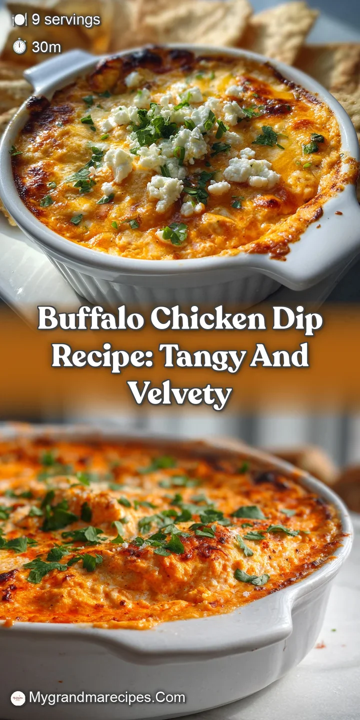 Close-up of bubbling buffalo chicken dip; melted cheese stretches with a spoon. Tangy aroma implied in the creamy, spicy t...