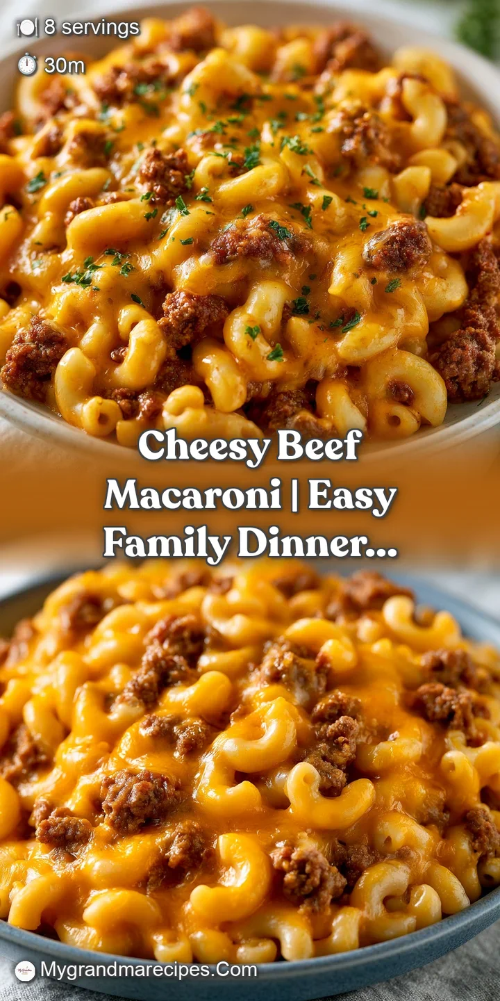 Close-up of gooey, melted orange cheese stretching over tender pasta and browned beef chunks in a creamy sauce.