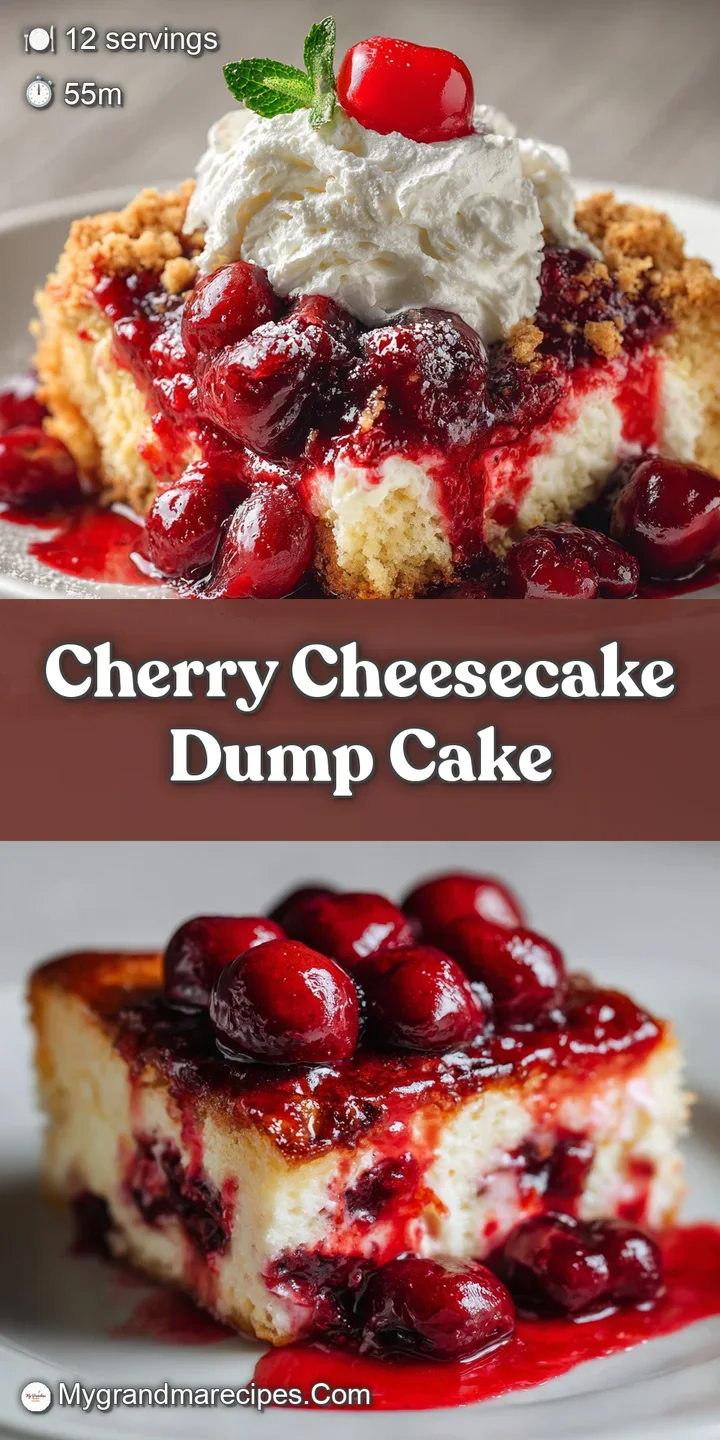 Close-up shot of a cherry cheesecake dump cake. Juicy, bright red cherries contrasted with the soft, textured cake.