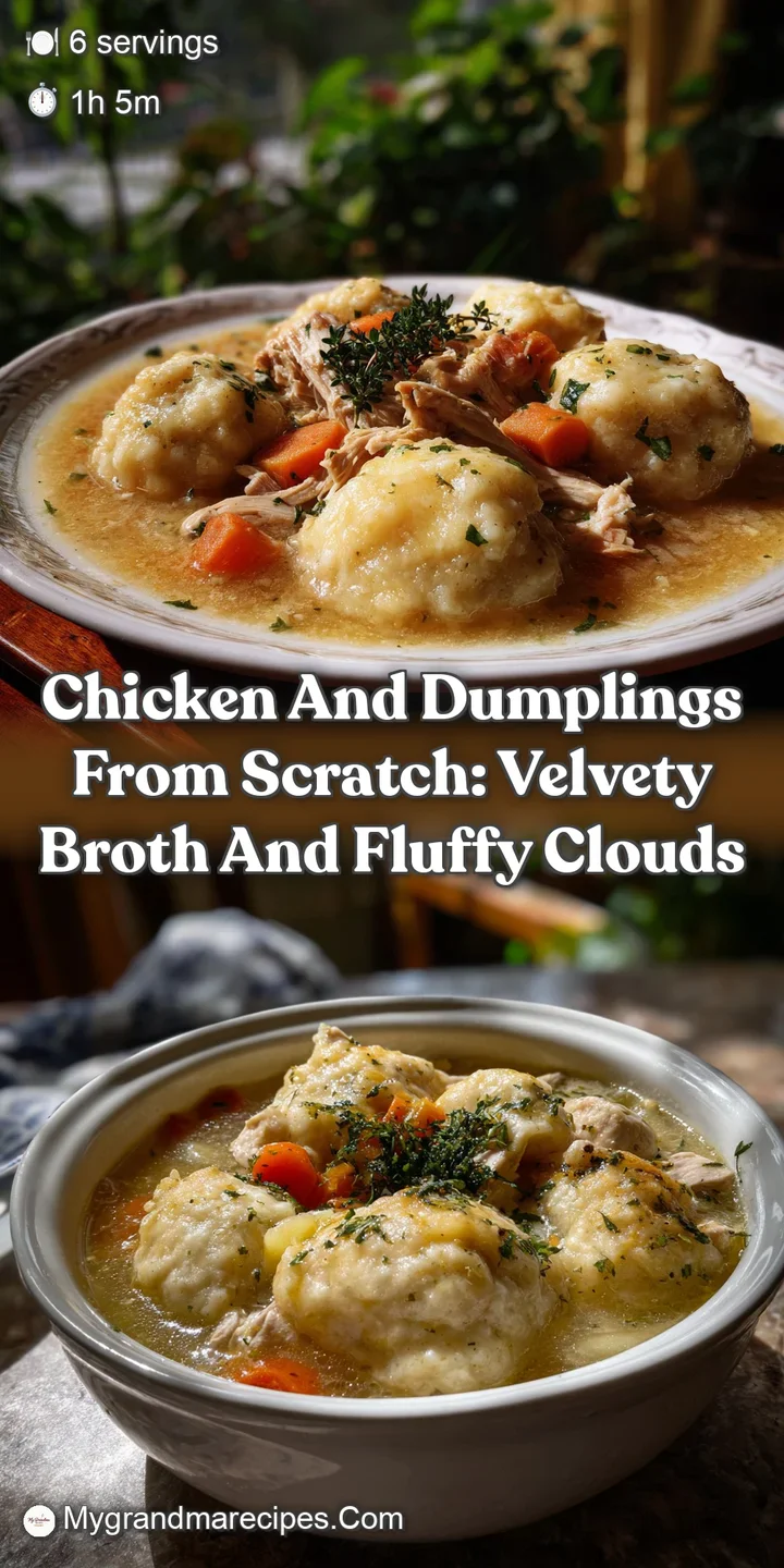 Close-up of a steaming bowl, revealing soft, pillowy dumplings, shredded chicken, and a rich, glossy broth, ready to be en...