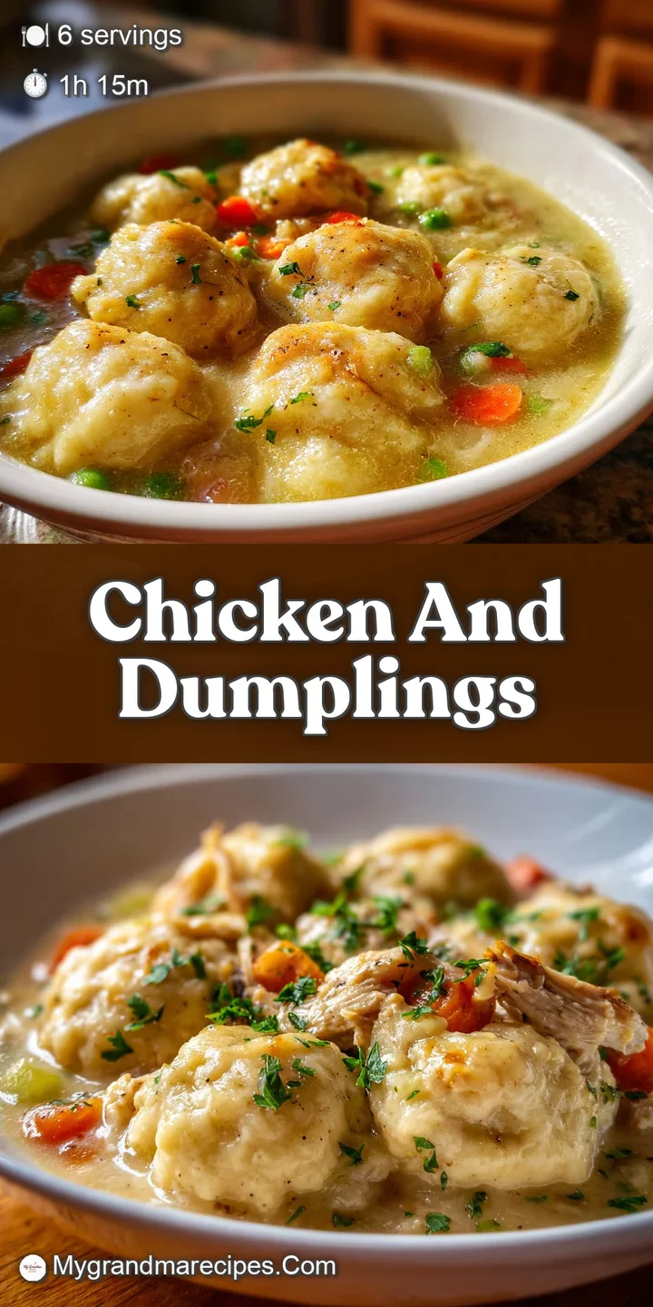 Close-up of chicken and dumplings. Billowy dumpling texture with savory herbs speckled through the velvety, rich creamy br...