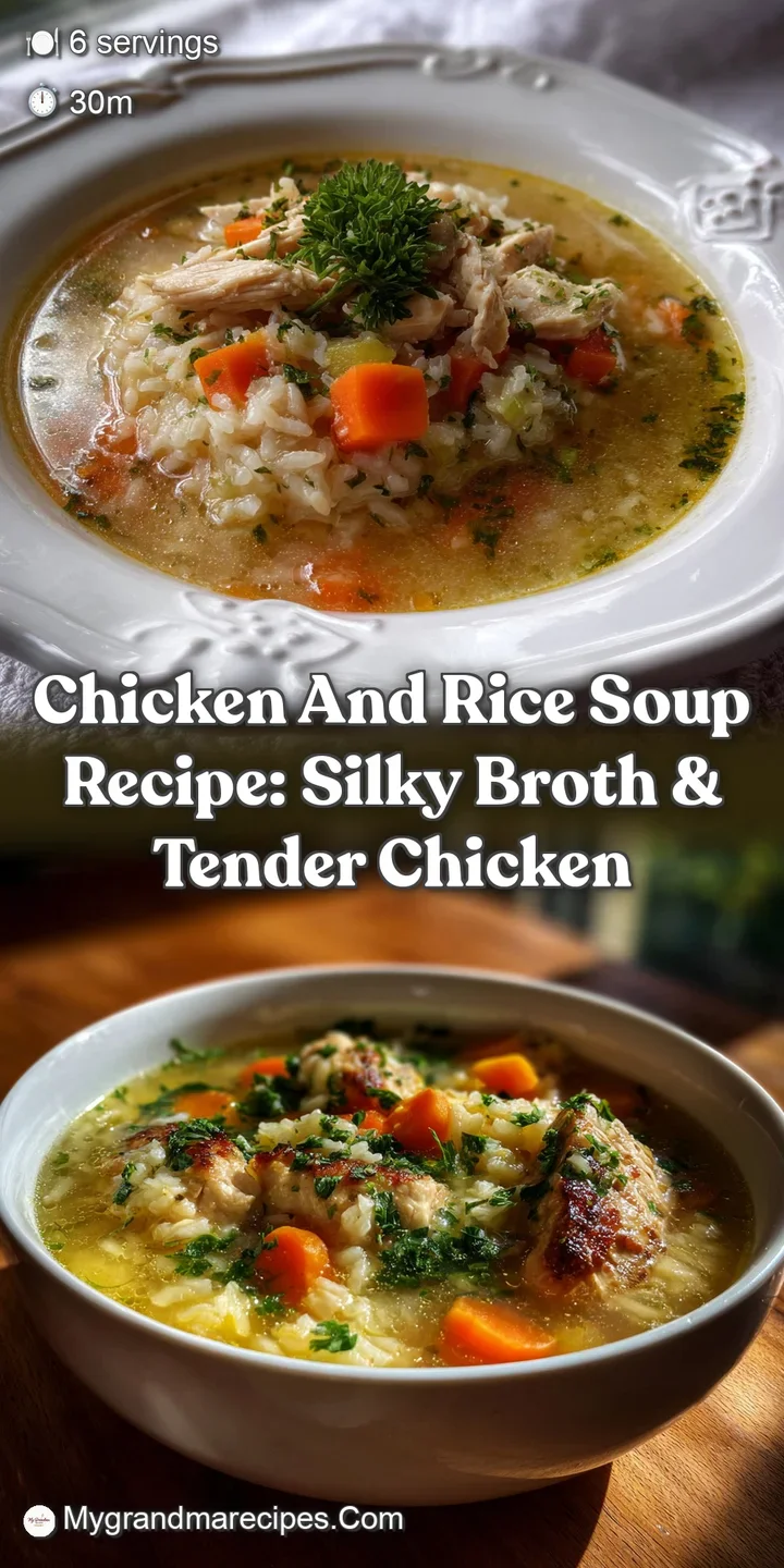 Close-up of the velvety soup showcasing glistening broth, shredded chicken, and perfectly cooked rice. Aromas of home cook...