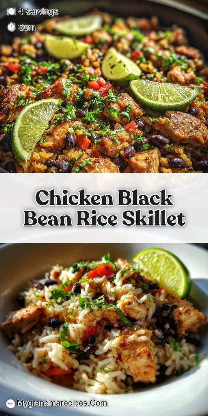 Close-up of a steaming chicken and rice skillet. See tender chicken, vibrant black beans, and a sprinkle of fresh, green c...