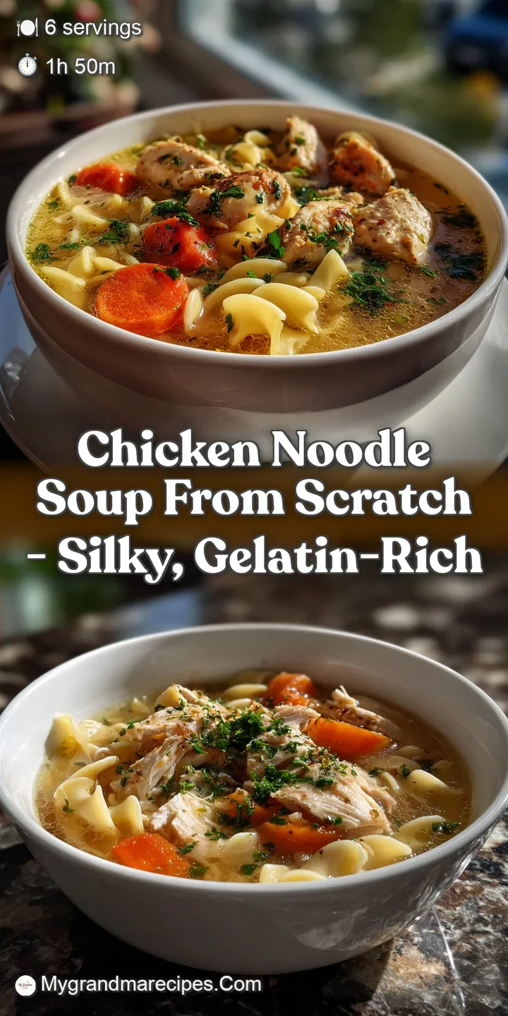 Close-up of golden, rich chicken broth with perfectly cooked noodles and chunks of chicken. Steam rising, inviting and fla...