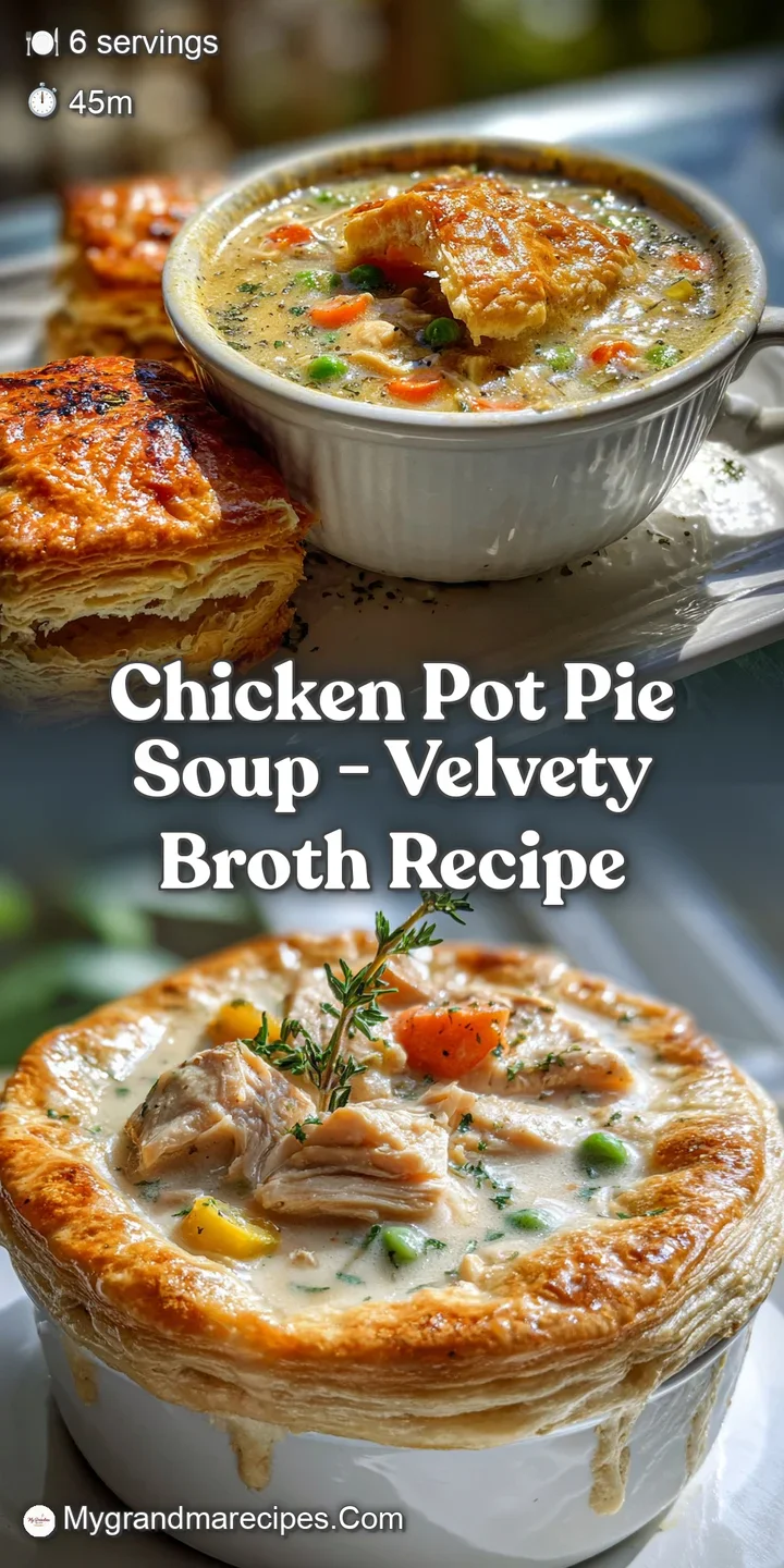 Close-up of luscious chicken soup with flaky crust. Swirls of cream, inviting steam, and fresh herbs pop.