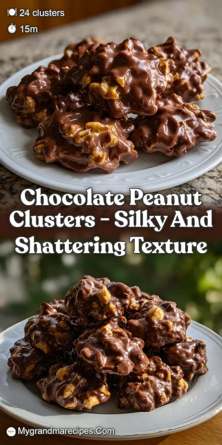 Close-up of a meltingly smooth chocolate peanut cluster. Deep brown chocolate swirls around the peanuts, promising a rich ...