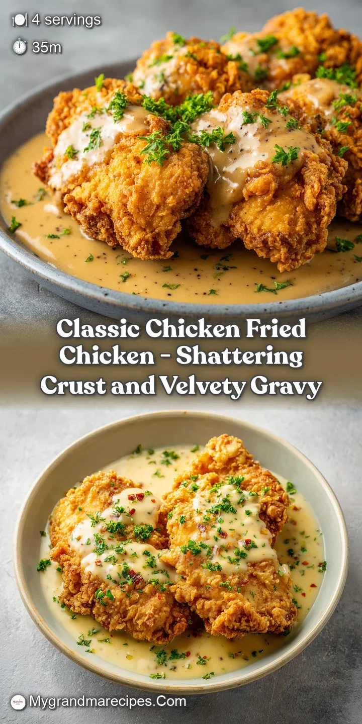 Close-up of a thick, golden-brown chicken fried chicken with a visibly crunchy texture and juicy interior.