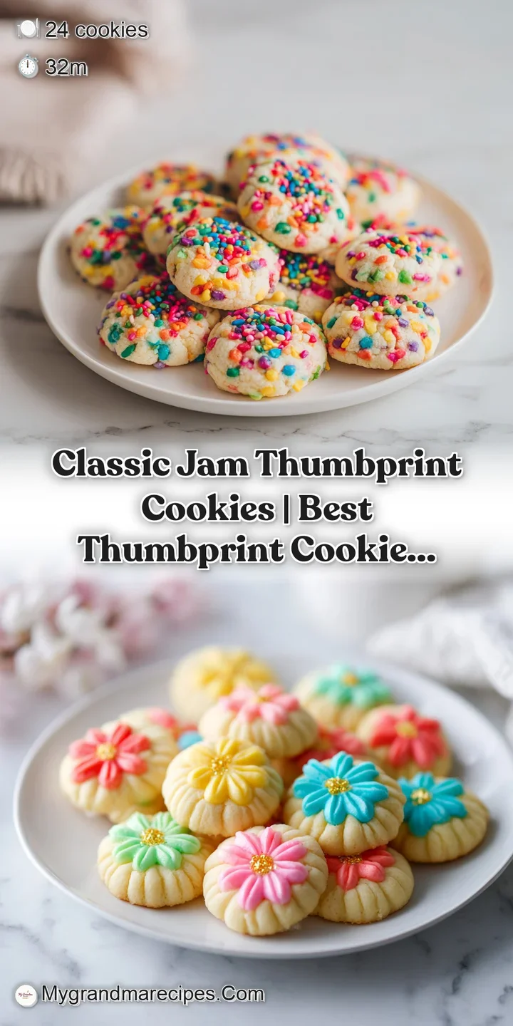 Close-up of a tender thumbprint cookie, its jam center glistening invitingly under warm light.