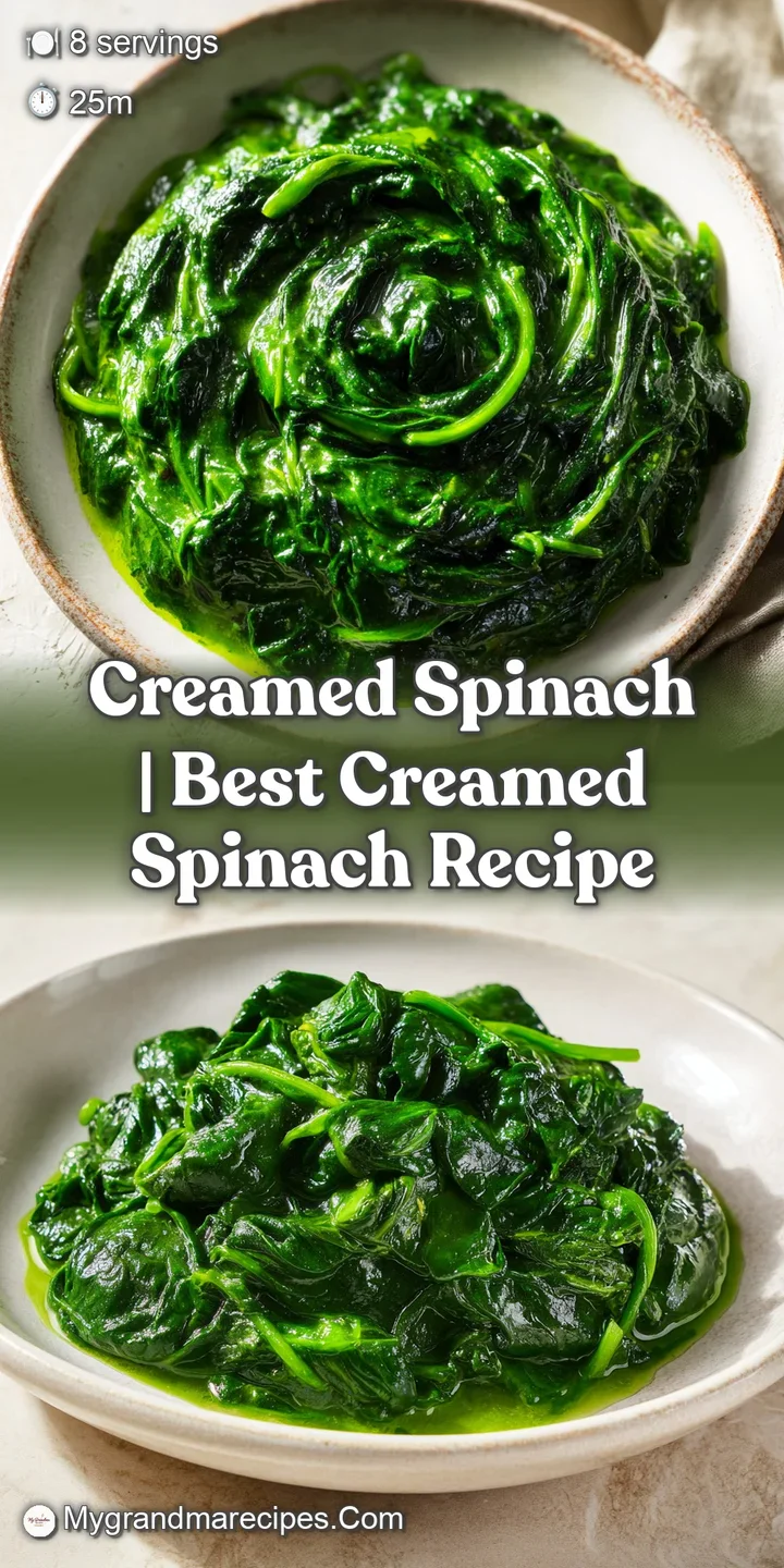 Macro shot of velvety, rich green creamed spinach with visible flecks of garlic and a glossy, melted finish.