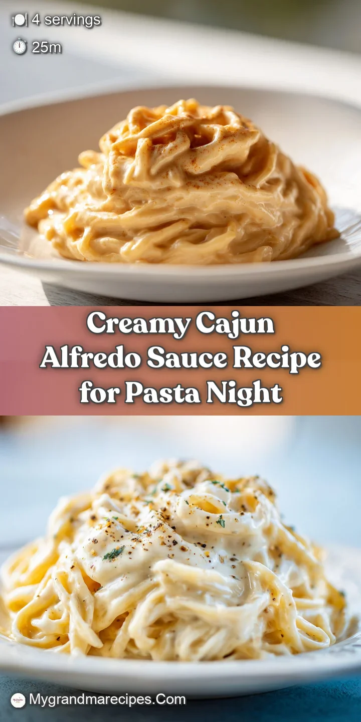 Close-up shows a rich, glossy Alfredo sauce with colorful Cajun spices. The creamy texture is very appealing.