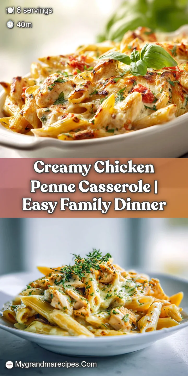 Close-up of creamy chicken penne casserole showing melted cheese, browned pasta edges, and juicy chicken pieces. An appeti...