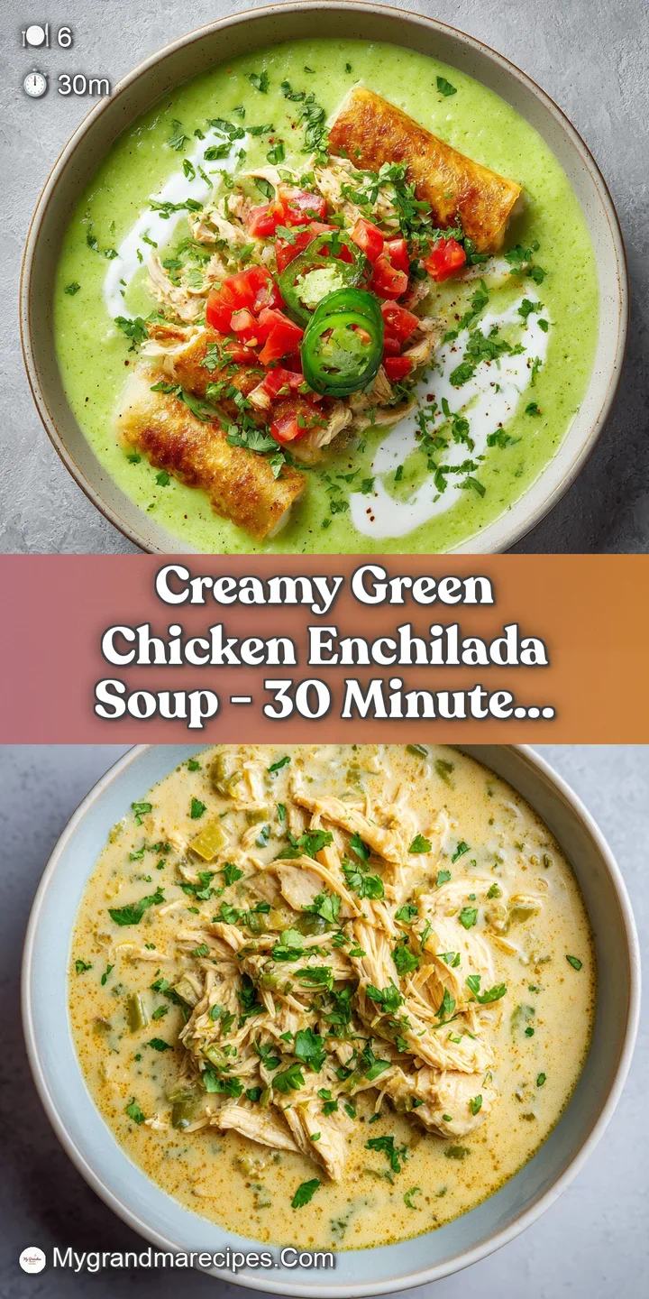 Close-up of a spoonful of rich, green enchilada soup, revealing tender chicken and hints of melted cheese and spices.