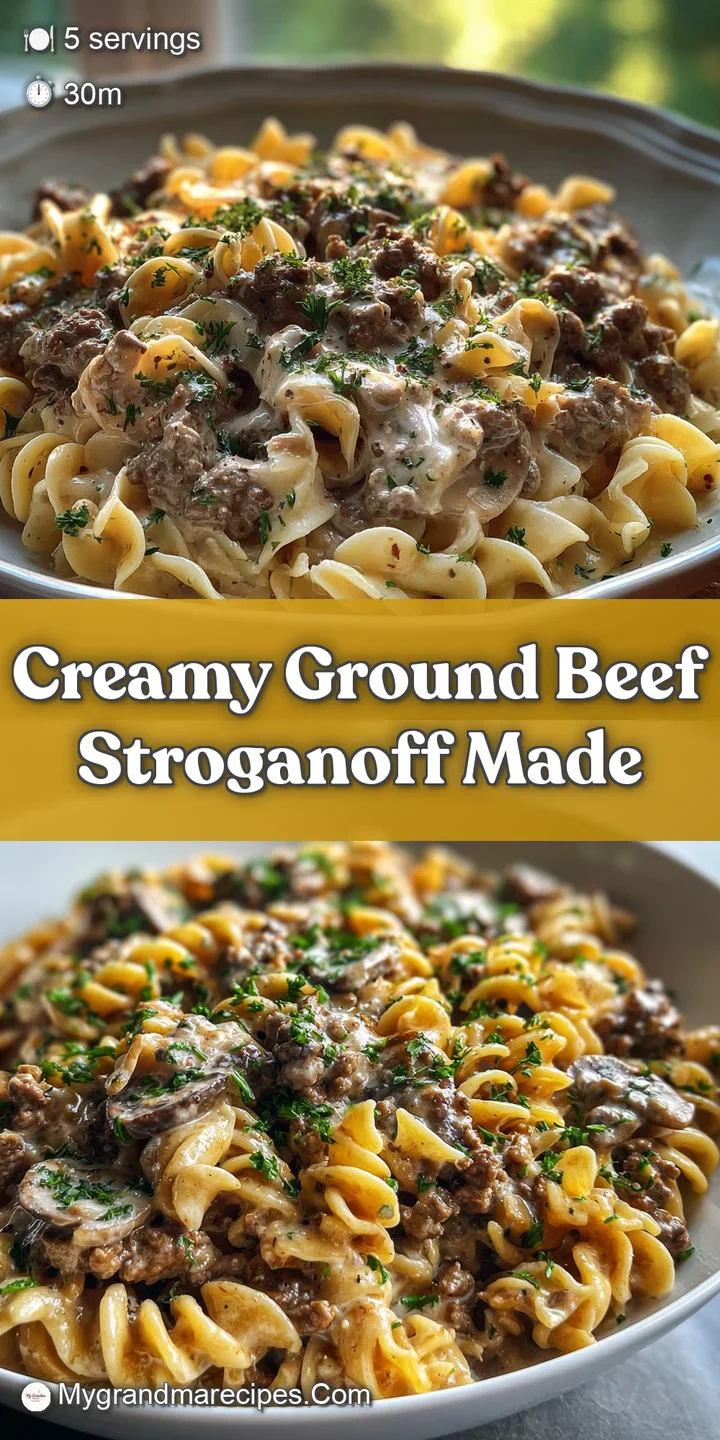 Close-up of creamy beef stroganoff. Rich, velvety sauce clings to tender ground beef and egg noodles. Aromatic steam rises.