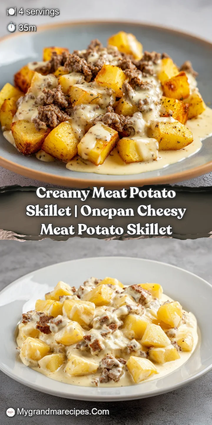 Close-up of glistening, golden potato chunks and juicy meat smothered in a thick, bubbling cream sauce with fresh herbs.