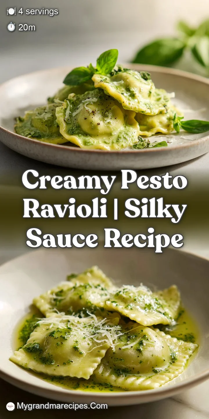 Close-up of glossy ravioli with bright green pesto clinging to the surface. Steam suggests a comforting, warm dish.