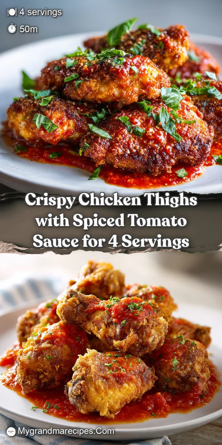 Close-up of a juicy chicken thigh with a crispy, golden crust, coated in a rich, textured tomato sauce with flecks of gree...