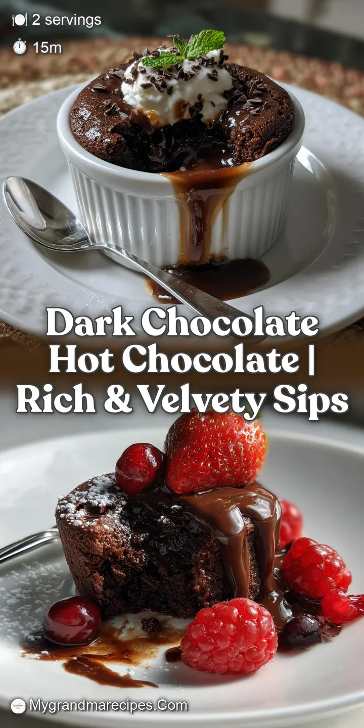 Close-up of a steaming mug of velvety dark hot chocolate, revealing a swirl of cream and a dusting of cocoa powder.