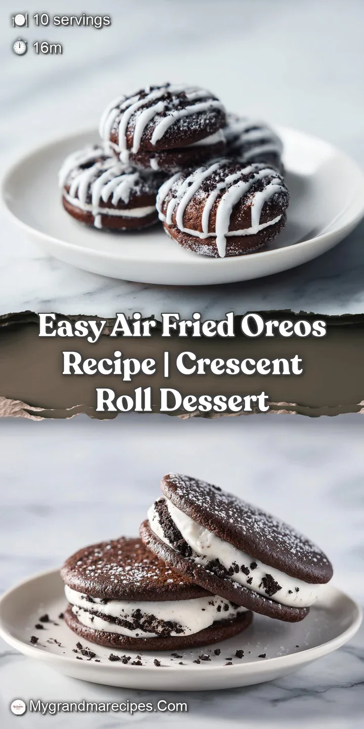 Close-up reveals a crispy, slightly cracked exterior of a warm air-fried Oreo, hinting at the soft, melty cream inside.