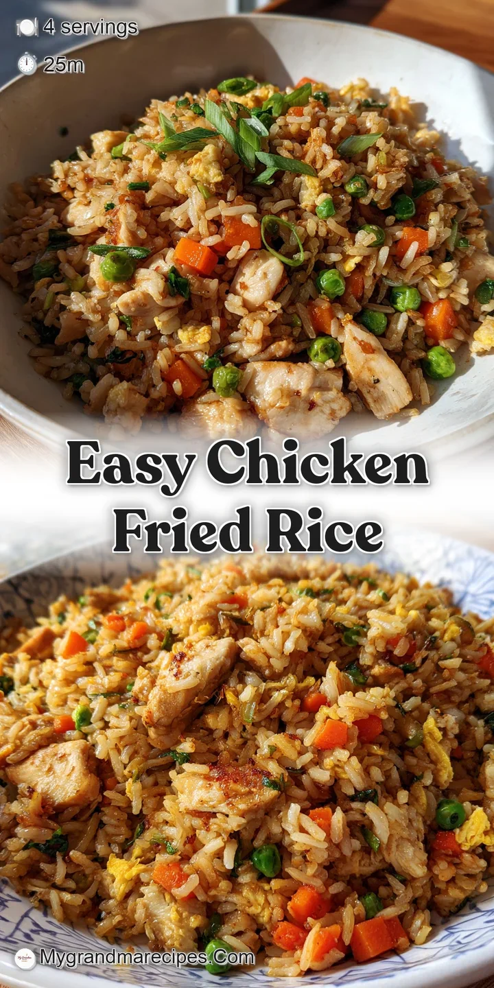 Close-up of chicken fried rice: glistening rice grains, tender chicken pieces, and vibrant vegetables create a mouthwateri...