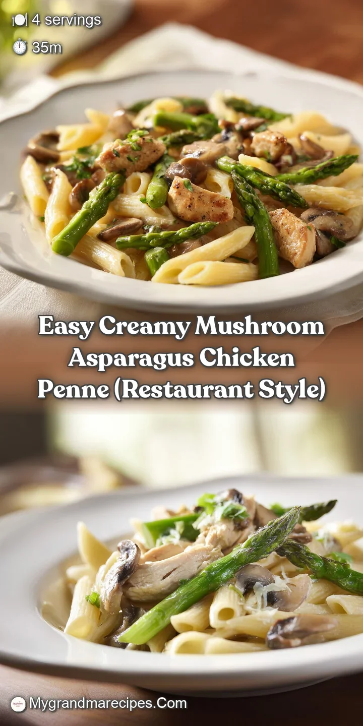 Close-up of penne pasta coated in a glossy cream sauce with earthy brown mushrooms and snap-fresh green asparagus.