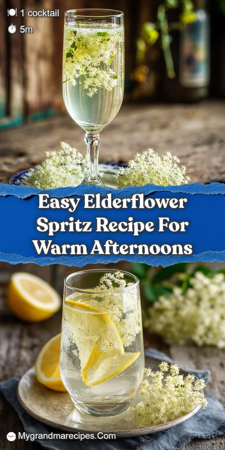 Close-up of a refreshing elderflower spritz, highlighting the bubbles, lemon slice, and translucent golden hue against a b...