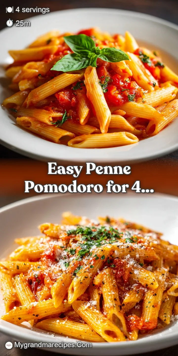 Close-up of penne pomodoro; bright red sauce clings to the pasta. Sprinkled parmesan and basil offer a burst of color and ...