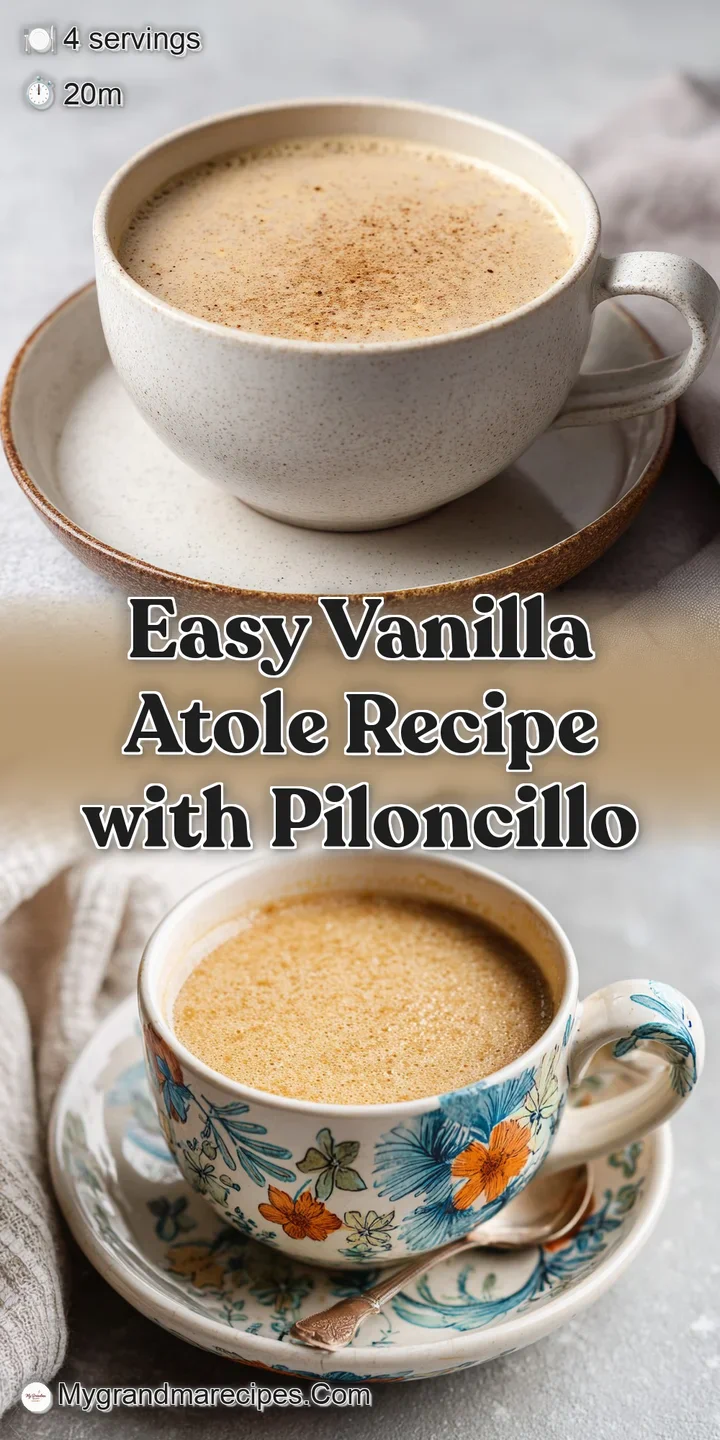 Close-up of a steaming mug of vanilla atole, revealing a smooth, slightly textured surface and delicate cinnamon swirl, pr...