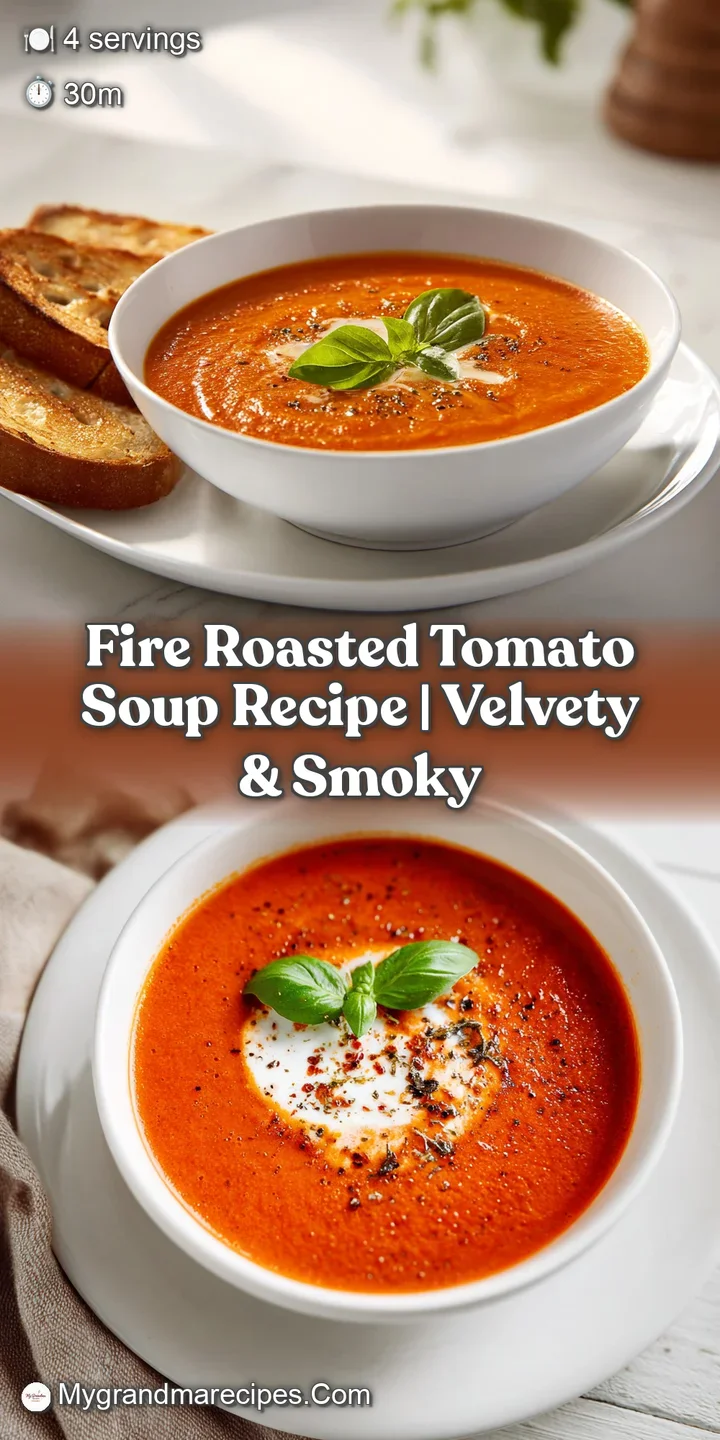 Close-up shot reveals the rich texture of fire-roasted tomato soup, flecked with herbs and a hint of smoky char.