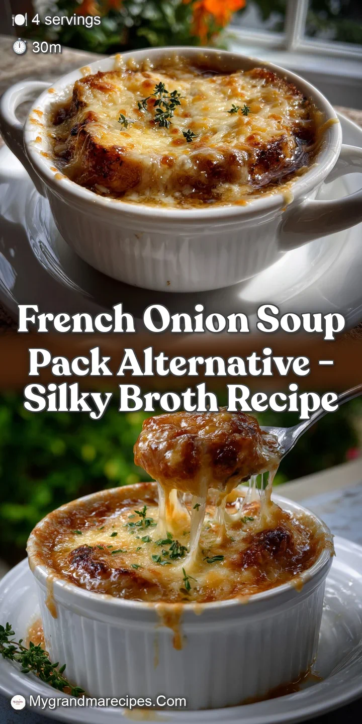 Close-up view of melted, stringy cheese atop a toasted baguette slice, glistening against the backdrop of simmering, rich ...