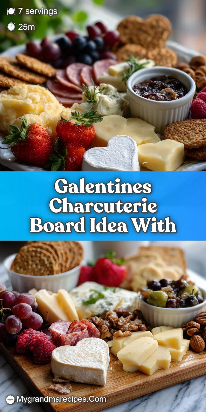 Close-up of a creamy heart-shaped cheese wedge, ruby red raspberries, and crisp crackers on a festive Galentine's Day char...