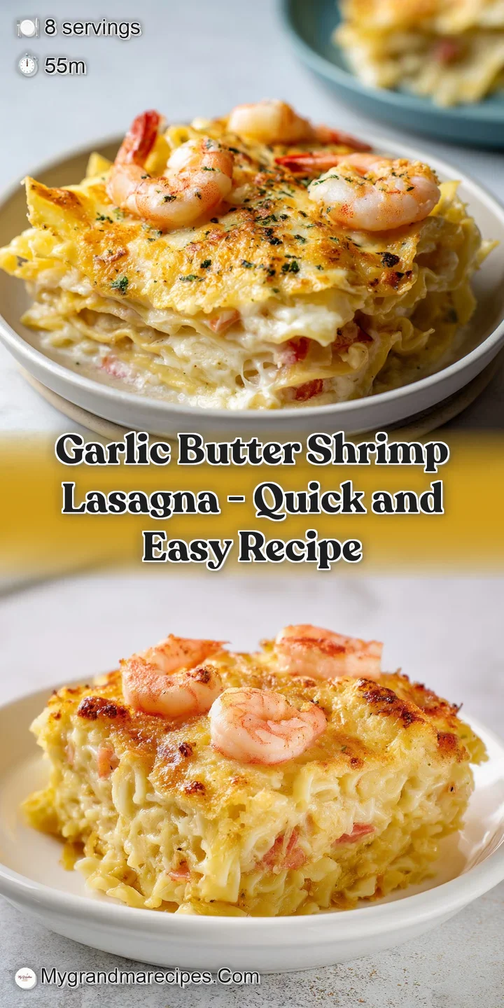 Close-up of gooey melted mozzarella and butter-poached shrimp layered between tender pasta sheets and garlic sauce.