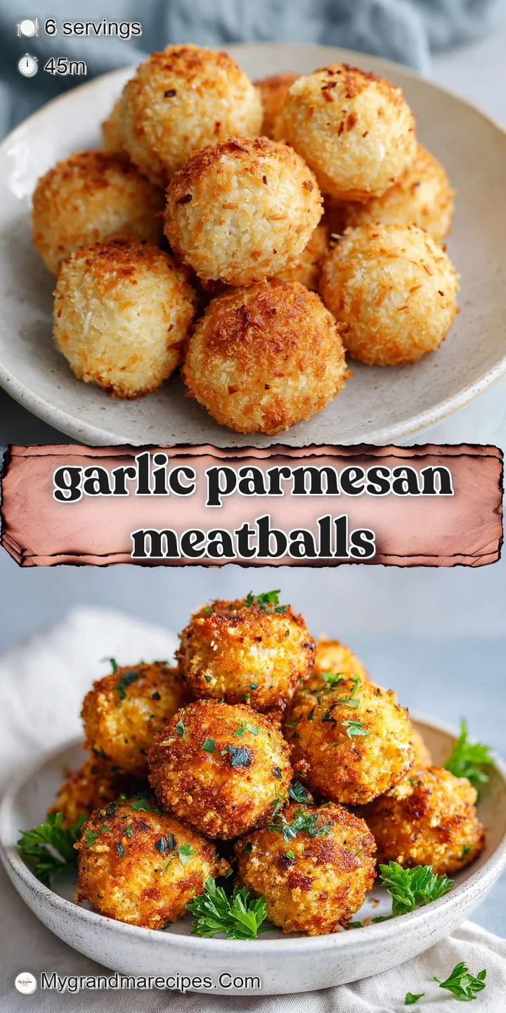 Close-up of a plump meatball, glistening with a rich, creamy garlic parmesan sauce, speckled with herbs, and delightfully ...