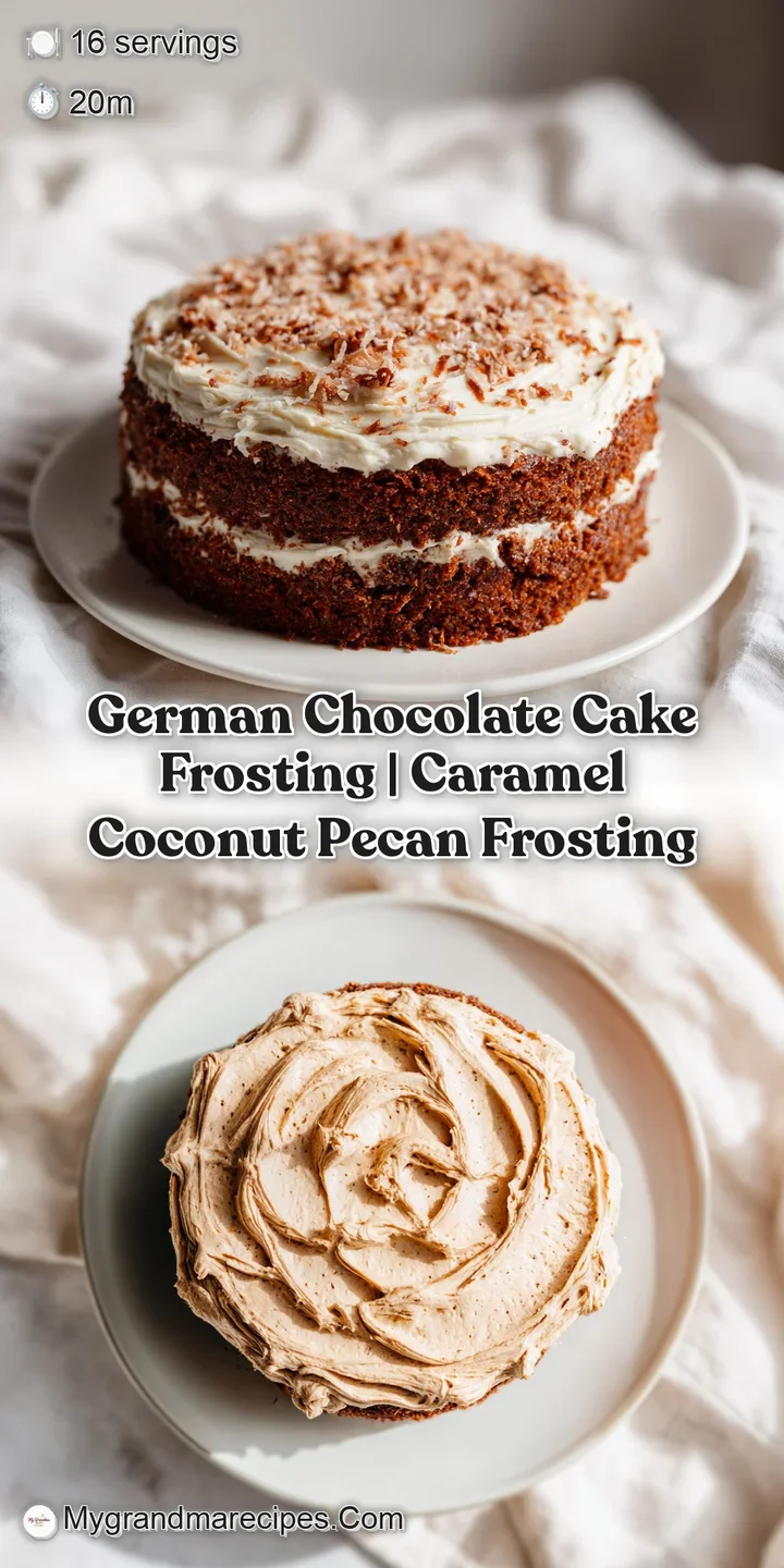 Close-up of creamy caramel frosting, glistening with toasted coconut and pecan pieces, a tempting texture.