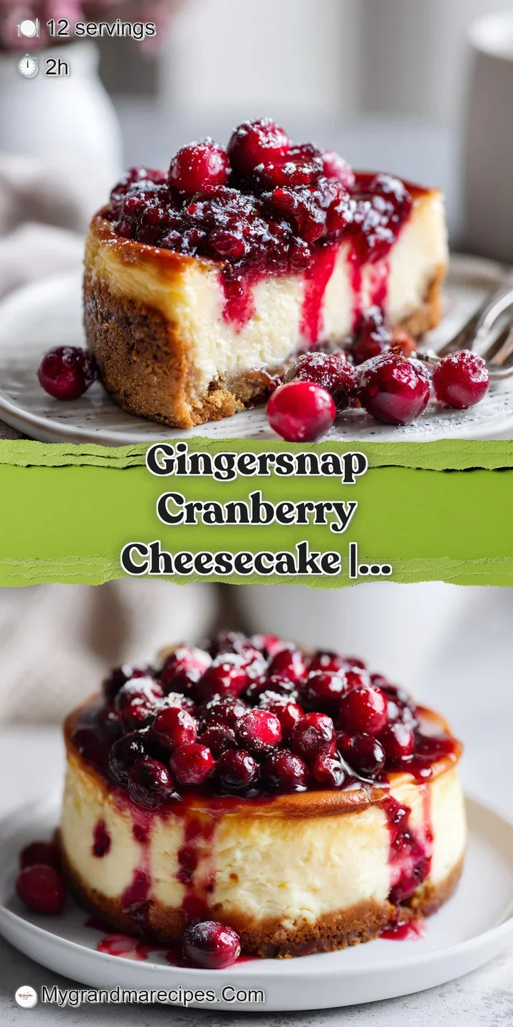 Close-up: cheesecake swirled with cranberry sauce; gingersnap crumbs add rustic texture. Creamy, decadent, and festive for...